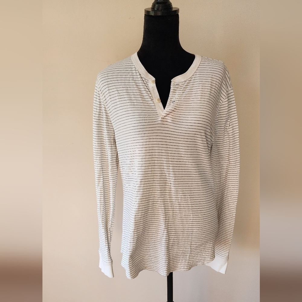 Madewell Men's White and Black Striped Long sleeve Shirt Size S